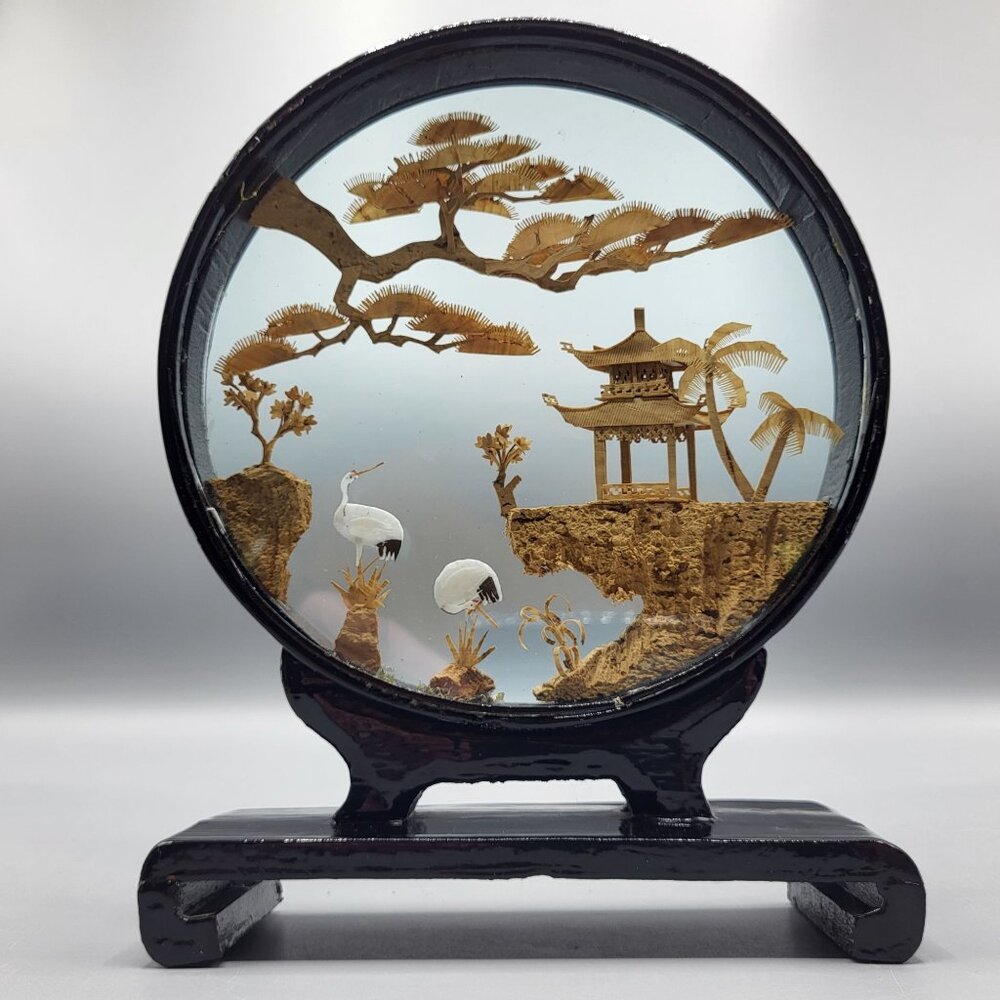 Vtg Chinese Hand Carved Cork Diorama Cranes Black Lacquer Art Stand 8.5" x 6.25" - Picture 9 of 13